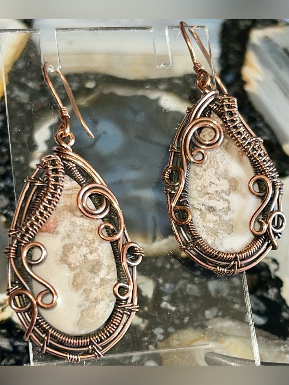 Copper Wire-wrapped Crazy Lace Agate Earrings 2 1/4” - Picture 4 of 17